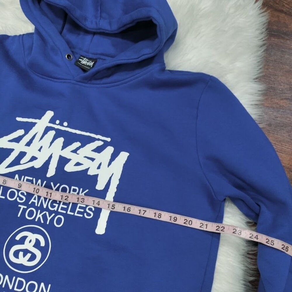 Stussy Loose Fit Men Medium Streetwear Cities Pullover Graphic Hoodie Blue White - Picture 8 of 8